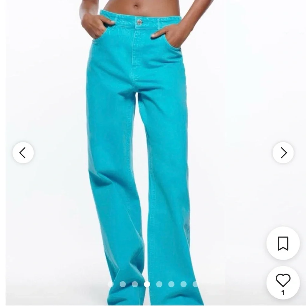 NWT ZARA Full Length High Waist Wide Leg Turquoise Jeans Five Pocket Size 10 - Picture 4 of 17